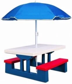 Merkloos Kinder Picknicktafel Met Parasol - Blauw -Buiten Kampeer Aanbieding 1030x1200 1