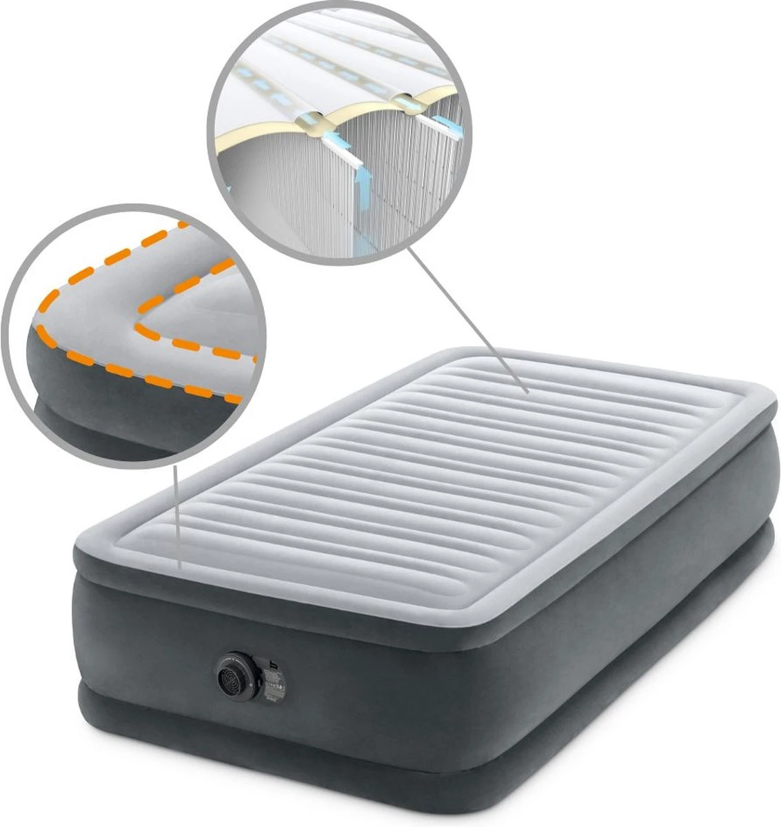 Intex Luchtbed - 1-Persoons - 99 X 191 X 46 Cm - Grijs - Met Ingebouwde Pomp, Hoeslaken Wit En Reparatieset 3 Intex Luchtbed - 1-Persoons - 99 X 191 X 46 Cm - Grijs - Met Ingebouwde Pomp, Hoeslaken Wit En Reparatieset - Afbeelding 3