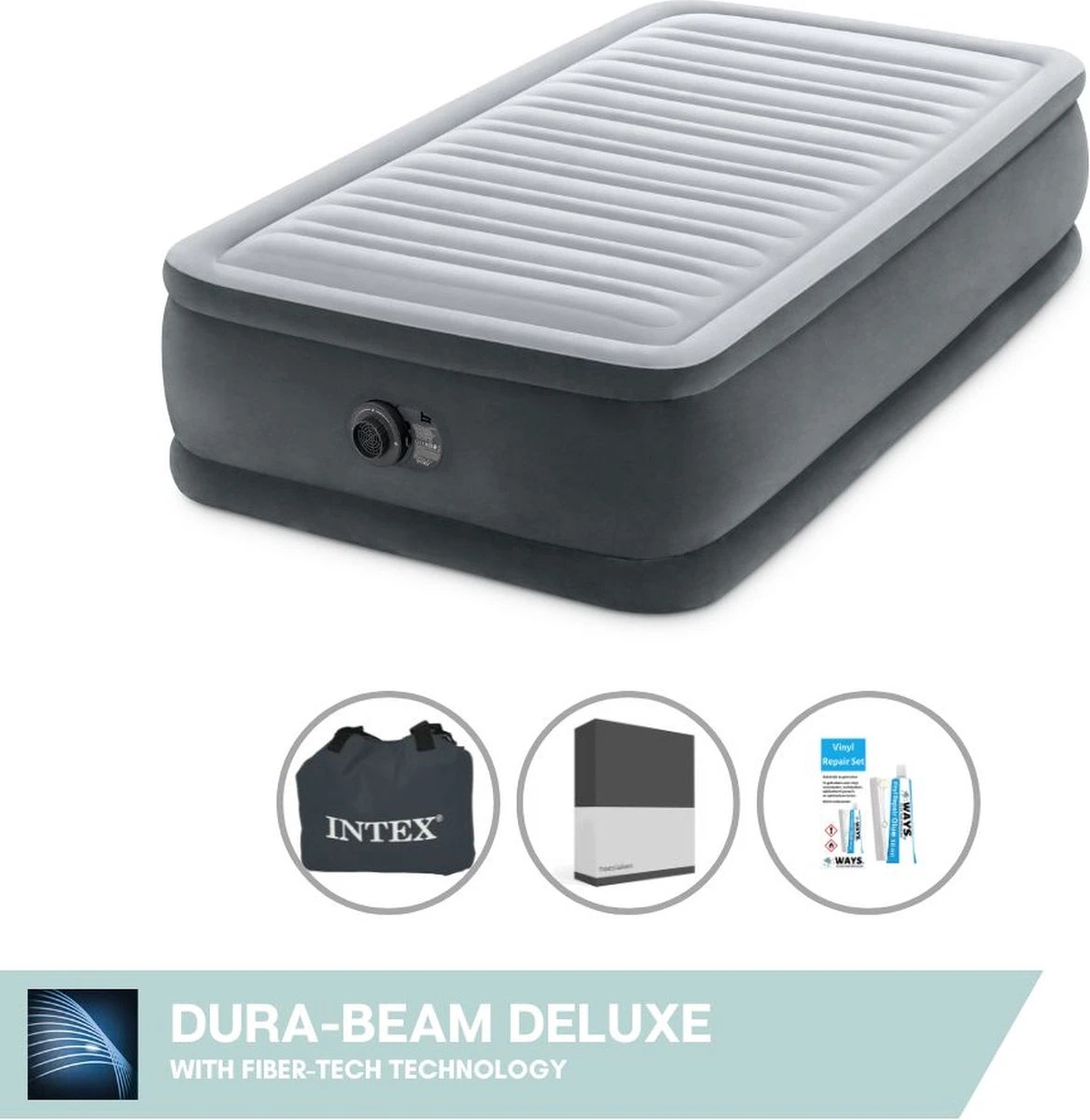 Intex Luchtbed - 1-Persoons - 99 X 191 X 46 Cm - Grijs - Met Ingebouwde Pomp, Hoeslaken Zwart En Reparatieset 1 Intex Luchtbed - 1-Persoons - 99 X 191 X 46 Cm - Grijs - Met Ingebouwde Pomp, Hoeslaken Zwart En Reparatieset