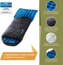 Skandika Dundee Flannel-L Slaapzak – Mummmieslaapzakken – Slaapzakken Volwassen - Maat M – Unisex - Katoen, Luxe Kwaliteit, Dubbele Slaapzak, 3 Seizoenen, Tot -20°C - 220 X 80 Cm - Outdoor Kampeerslaapzak – Ritssluiting Links - Zwart/blauw -Buiten Kampeer Aanbieding 1168x1200