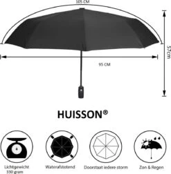 HUISSON Paraplu Stormparaplu Automatisch Uit En Inklapbaar Opvouwbaar Lichtgewicht 330 Gram Windproof Zwart -Buiten Kampeer Aanbieding 1175x1200 7