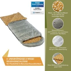 Skandika Dundee Flannel-R Slaapzak – Slaapzakken – Slaapzakken Volwassen - Maat M – Unisex - Katoen, Luxe Kwaliteit, Dubbele Slaapzak, 3 Seizoenen, Tot -20°C - 220 X 80 Cm - Outdoor Kampeerslaapzak – Ritssluiting Rechts - Grijs/geel -Buiten Kampeer Aanbieding 1195x1200 1