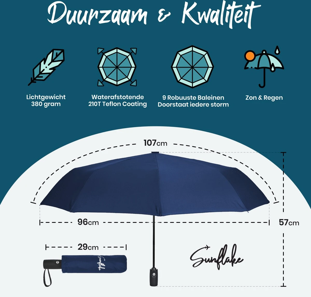 Sunflake Stormparaplu Opvouwbaar - Stormbestendig Tot 140km/u - Automatisch Uitklapbaar - Incl. Beschermhoes En Reisetui - Blauw 2 Sunflake Stormparaplu Opvouwbaar - Stormbestendig Tot 140km/u - Automatisch Uitklapbaar - Incl. Beschermhoes En Reisetui - Blauw - Afbeelding 2