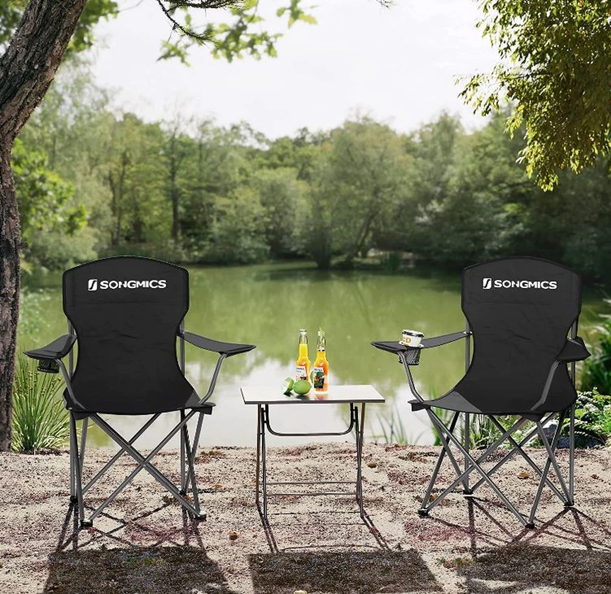 MIRA Home - Campingstoel Set Van 2 Inklapbaar - Klapstoel Met Robuust Frame - Met Flessenhouder - 76 X 51.5 X 95.5 Cm - Zwart 4 MIRA Home - Campingstoel Set Van 2 Inklapbaar - Klapstoel Met Robuust Frame - Met Flessenhouder - 76 X 51.5 X 95.5 Cm - Zwart - Afbeelding 4