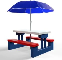 Merkloos Kinder Picknicktafel Met Parasol - Blauw -Buiten Kampeer Aanbieding 1200x1167