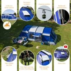 Skandika Montana 8 Sleeper Tent – Tunneltent – 8 Persoons Familietent - Campingtent – Sleeper Technology (2 Tot 4 Extra Donkere Slaapcabines) – Ingenaaide Tentvloer - Muggengaas – 700 X 310 X 200 Cm (LxBxH) – 5000mm Waterkolom – Kamperen – Blauw/wit -Buiten Kampeer Aanbieding 1200x1199