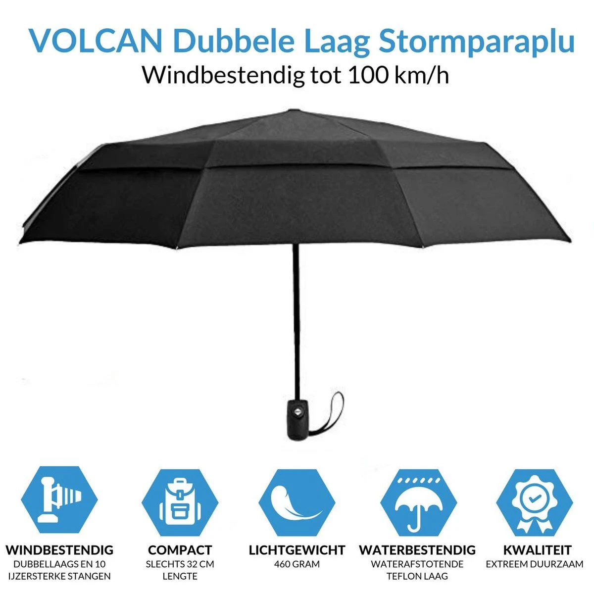 Volcan Stormparaplu Opvouwbaar - Stormparaplu's - Inklapbaar - Ø 105 Cm - Windproof Tot 100km P/u - Grote Paraplu - Automatisch - Zwart 5 Volcan Stormparaplu Opvouwbaar - Stormparaplu's - Inklapbaar - Ø 105 Cm - Windproof Tot 100km P/u - Grote Paraplu - Automatisch - Zwart - Afbeelding 5