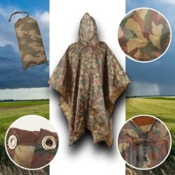 Regenponcho / Fietsponcho Herbruikbaar Voor Volwassenen ( Dames En Heren ) - 200x110cm - 100% Ripstop Polyester - Camouflage -Buiten Kampeer Aanbieding 1200x1200 1337