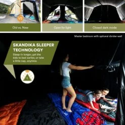 Skandika Montana 8 Sleeper Tent – Tunneltent – 8 Persoons Familietent - Campingtent – Sleeper Technology (2 Tot 4 Extra Donkere Slaapcabines) – Ingenaaide Tentvloer - Muggengaas – 700 X 310 X 200 Cm (LxBxH) – 5000mm Waterkolom – Kamperen – Blauw/wit -Buiten Kampeer Aanbieding 1200x1200 176