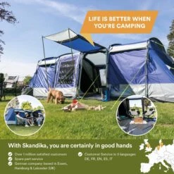 Skandika Montana 8 Sleeper Tent – Tunneltent – 8 Persoons Familietent - Campingtent – Sleeper Technology (2 Tot 4 Extra Donkere Slaapcabines) – Ingenaaide Tentvloer - Muggengaas – 700 X 310 X 200 Cm (LxBxH) – 5000mm Waterkolom – Kamperen – Blauw/wit -Buiten Kampeer Aanbieding 1200x1200 179