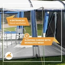 Skandika Montana 8 Tent – Tunneltenten – 8 Persoons Tent – Campingtent – 200 Cm Stahoogte – 2-4 Slaapcabines - Muggengaas – Familietent – 4 Ingangen – 700 X 310 X 200 Cm (L X B X H) - 5000 Mm Waterkolom – Outdoor, Camping – Kamperen – Blauw -Buiten Kampeer Aanbieding 1200x1200 181