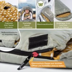 Skandika Dundee Flannel-R Slaapzak – Slaapzakken – Slaapzakken Volwassen - Maat M – Unisex - Katoen, Luxe Kwaliteit, Dubbele Slaapzak, 3 Seizoenen, Tot -20°C - 220 X 80 Cm - Outdoor Kampeerslaapzak – Ritssluiting Rechts - Grijs/geel -Buiten Kampeer Aanbieding 1200x1200 342