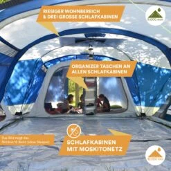 Skandika Nimbus Sleeper 12 Tent – Koepeltenten – 12 Persoons Familietent - Campingtent – Muggengaas – Sleeper Technology (3 Extra Donkere Slaapcabines) – 760 X 630 X 215 Cm (LxBxH) – 5000 Mm Waterkolom – Camping, Tuin – Kamperen – Blauw/wit -Buiten Kampeer Aanbieding 1200x1200 57