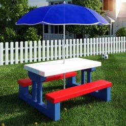 Merkloos Kinder Picknicktafel Met Parasol - Blauw -Buiten Kampeer Aanbieding 1200x1200 712