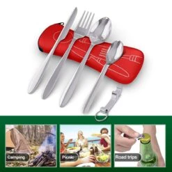 Roestvrij Staal Bestek (kampeerset) – Draagbare Reislepels, -vork En -mes Voor Festivals, Camping Of Trektochten - Wordt Geleverd Met Een Neopreen Draagtasje Met Een Lichtgewicht Flesopener -Buiten Kampeer Aanbieding 1200x1200 940