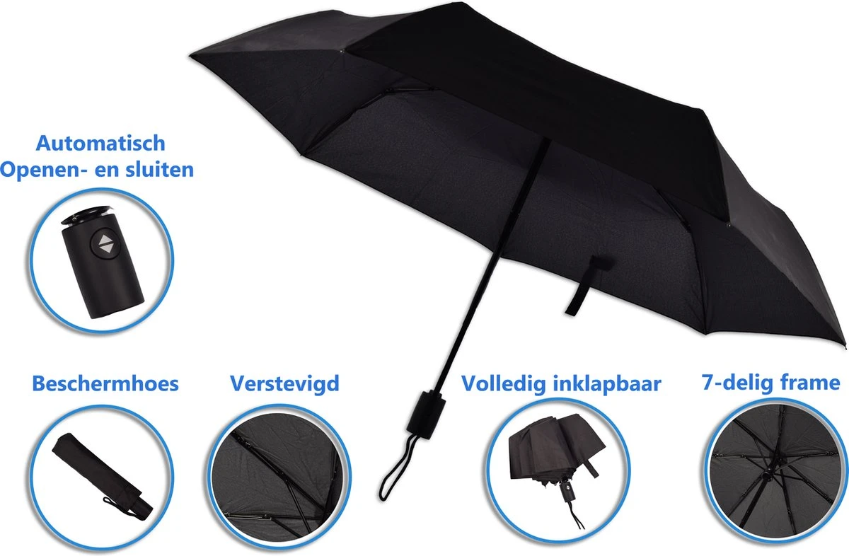 Automatische Stormparaplu - Paraplu – Automatisch, Opvouwbaar & Windproof Tot 70 - 80 Km P/u - Ø 95 Cm - 7 Panelen - Dubbele Laag - Zwart 5 Automatische Stormparaplu - Paraplu – Automatisch, Opvouwbaar & Windproof Tot 70 - 80 Km P/u - Ø 95 Cm - 7 Panelen - Dubbele Laag - Zwart - Afbeelding 5