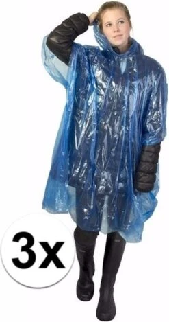 Merkloos 3x Wegwerp Regenponcho Blauw - Poncho -Buiten Kampeer Aanbieding 632x1200